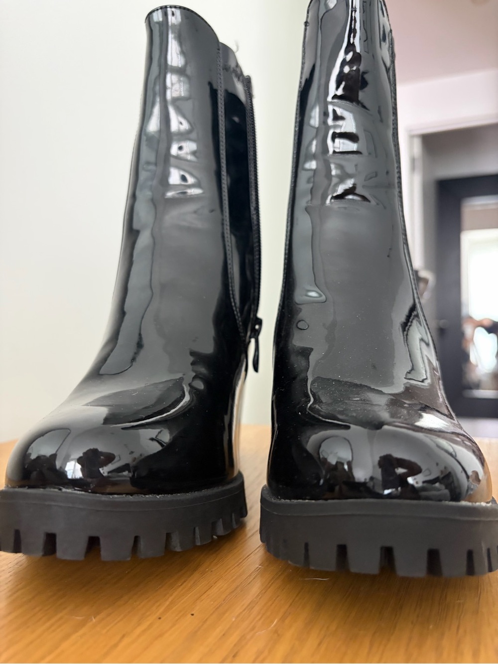 Shiny Black Patent Chunky Lug Booties